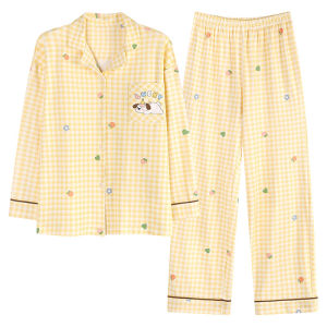 Womens pajamas new style for spring and autumn pure cotton long-sleeved plaid cardigan cartoon design all-cotton large size home wear set