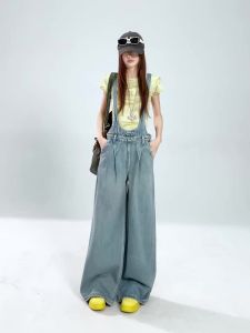 Retro Washed Casual Denim Overalls Womens Loose Wide Leg Floor-Length Lazy Pants Vintage Style Age-Defying Individualistic