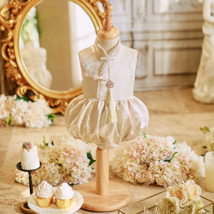 Champagne Colored Birthday Dress Traditional Chinese Cheongsam Baby Girls Clothing One Year Old Ceremony Summer Shortsuit