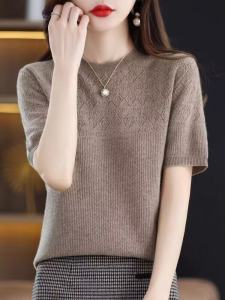 Erdos Cashmere Knitted Short Sleeve Womens round Neck Hollow Loose Slim Fit Overhead Wool Sweater Soft Spring Fashion