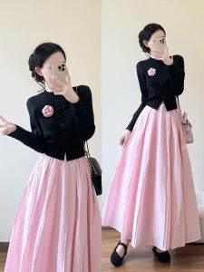 XUECAIQI | Youthful Fake Two-Piece Knit Cardigan with 3D Floral Design Skirt