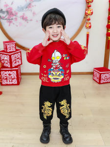Ultraman Thickened Fleece Hoodie And Pants Set for Boys New Year Visiting Clothes Festive Casual Cotton Blend Childrens Wear