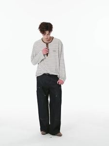 FORNINES | Henley Neck Color Block Long Sleeve T-Shirt