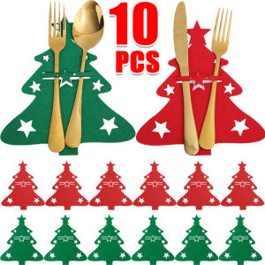 10pcs Christmas Cutlery Holders / Xmas Tree Spoon Fork Holder Bag / Felt Christmas Table Decoration Cutlery Bag / Home New Year Christmas Decoration