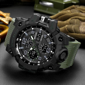 นาฬิกาทหารจอแสดงผลคู่สำหรับผู้ชายนาฬิกานาฬิกากีฬากลางแจ้ง Jam Tangan Elektronik อเนกประสงค์กันน้ำเรืองแสง