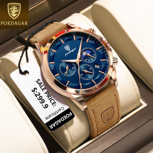 POEDAGAR chronograph men casual watches original waterproof genuine leather calendar luminous moon star design watch