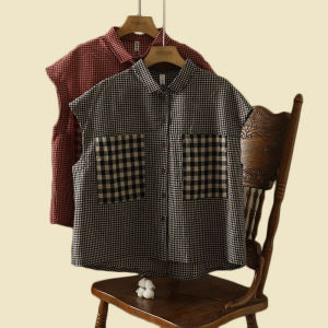 Artsy Patch Pocket Cotton Linen Plaid Blouse Plus Size Womens Clothing Polo Collar Flying Sleeves Linen Leisure Cardigan Top