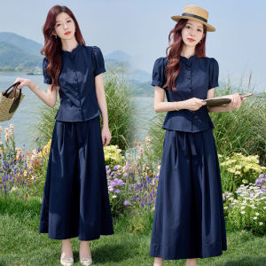OUCAO | Casual Summer Two-Piece Set Shortsleeve Shirt and Wide Leg Pants Skirt