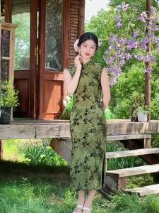 Aesthetic Waist-Cinched New Chinese Style Youthful Green Dress
