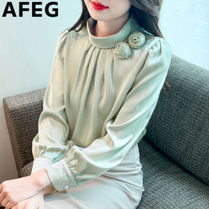 AFEG solid color Korean stand collar fashion loose temperament silk satin printed long sleeve blouse for women