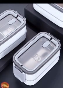 Dlight 1400ml Double Tier Stainless Steel Lunch Box - 3 Compartments with Free Cutlery - Leak-Proof Design for Portable Food Container - Stackable Bento Box for Healthy Portions