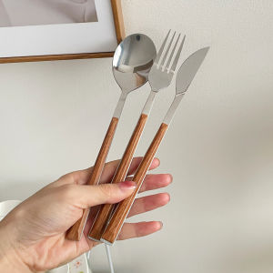 Retro Stainless Steel Steak Knife and Fork Soup Spoon with Wooden Handle Tableware Ins Dessert Cake Bread Spoon Western Food Knife Fork and Spoon
