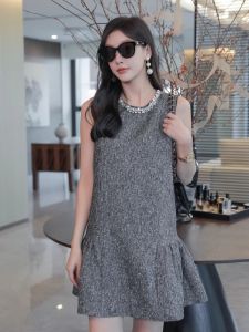 Phong Cách Pháp Cộc Tay Không Tay Sequin Sáng Bóng  Áo Hai Dây Đầm Nữ Rộng Rãi Thon Gọn Cao Vòng Eo Chân Váy Chữ A Cổ Tròn Ngắn Đầm