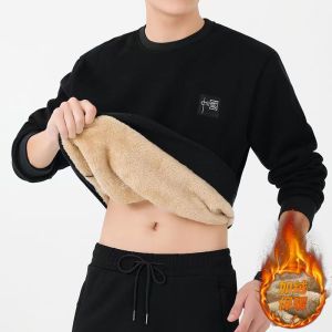 Lamb Fur Lined Thickened Hoodie Mens Fashion Urban Style round Neck Warm Outerwear Black Large Size Middle-Aged And Elderly Clothing
