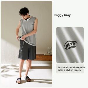 yuenei | Mens Summer Sleepwear Modal Cotton Sleeveless Vest Shorts Home Clothes Outdoor Wearable Set Casual Loose Fit Round Neck