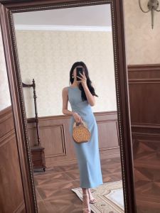 💗 PinkP 9075B ชุดเดรสกระโปรงยาวสีฟ้าอมเทา รูปแบบหรู สไตล์เฮปเบิร์น แฟชั่นฤดูร้อน ชุดเดรส กระโปรงยาว