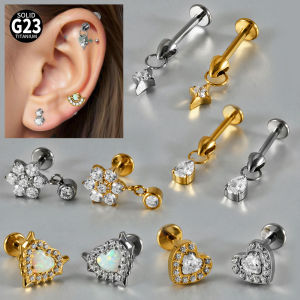 G23 Titanium Opal Heart Lip Studs Internal Thread Cz Dangle Flower Ear Helix Tragus Cartilage Helix Earrings Piercing Jewelry