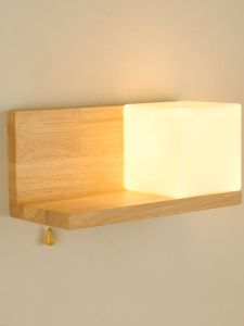 Nordic Style Solid Wood Wall Lamp LED Bedroom Hallway Living Room Remote Control Wire-Free Lighting Fixtures Study Carve Craft