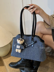 Retro Hong Kong Style Denim Tote Bag Womens Casual Versatile Underarm Commuter Handbag American Vintage Fashion Handbags