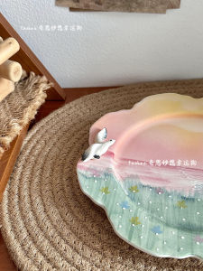 จานเซรามิกวาดมือสวยงาม จานรับประทานอาหารแบบใช้งานได้หลายอย่าง ขนาด 21cm ลายเรขาคณิตสีตัดกัน สไตล์เรียบง่าย