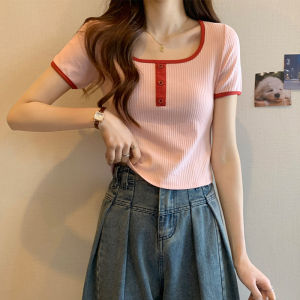 AMMIN เสื้อยืดสั้นคอสี่เหลี่ยมแขนสั้นผู้หญิงสไตล์เกาหลีแฟชั่นใหม่ฤดูร้อนกระชับภายในบางเสื้อแขนครึ่ง