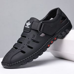 Summer Breathable Hollow out Sandals Soft Leather Surface Work Casual Mens Shoes Driving Comfortable Slip-On Flat Heel