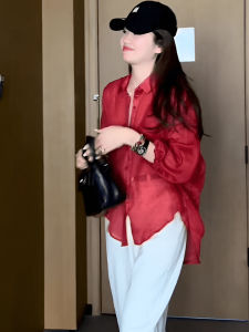 Áo Sơ Mi Lụa Tay Dài Màu Đỏ Kiểu Pháp Mùa Hè Mới Cho Nữ Dáng Rộng Thoải Mái Chống Nắng Cardigan Áo Khoác Ngoài Chất Liệu Khác