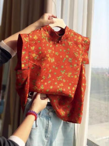 New Chinese Style Short Sleeve Shirt Stand Collar Floral Print Anti-Aging Festive National Trend Qipao Summer Commute Loose Fit