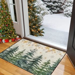 VIKAMA Christmas Entry Mat Winter Pine Forest Golden Snowflake Print Durable Rug For Front Door Hallway Bedroom Home Decor