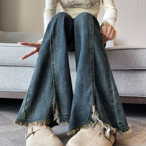 Retro American Flared Jeans Womens High Waist Cotton Stretch Denim Zipper Closure Torn Design Slim Fit Bell Bottoms