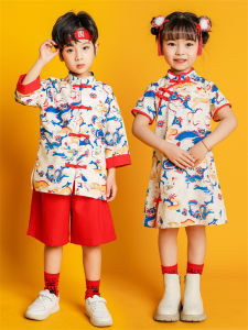 lontakids Boys Dragon Pattern Top Shorts Chinese Style Tang Suit Girls Qipao Cheongsam Dress New Year Costume Kung Fu Outfit 4-16 Years