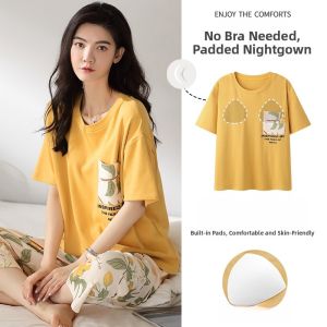 Miiow | Pure Cotton Summer Lightweight Short Sleeve Sleepwear Set For Women Breathable Skin-friendly Seven-Quarter Pants Home Clothes