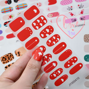 16Tips Red Semi Cured White Heart Gel Nail Stickers Sweet Love Self-adhesive Nail Strips Patch UV Lamp Need Press On Nail Wraps