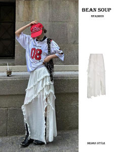 กระโปรงยาวปานกลางเอวสูง กระโปรงทรงเอผ่าหน้าด้านข้าง ทรงหลวม สไตล์ทำงาน ฤดูร้อน 2024 กระโปรงผู้หญิงสีพื้น