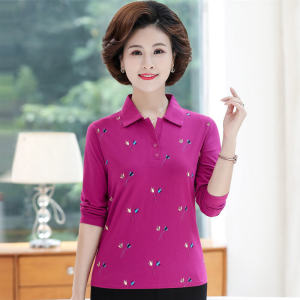 Pure Cotton Long Sleeve T-Shirt Womens Casual Polo Neck Print Loose Mom Clothes Spring Autumn New Style Female Top