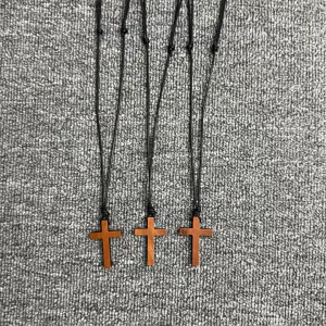 WHPHous New Vintage Wooden Cross Pendant Wax Rope Necklace For Men Women Accessories Jewelry Gift