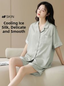 Miiow | Ice Silk Womens Sleepwear Summer Thin Short Sleeve Shorts Set Can Be Worn Outside Two-Piece Home Clothes Polyester Fiber