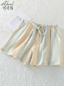 Pure Cotton Flannel Shorts Womens Summer Thin Casual Loose Baby Cotton Linen Three-Quarter Length Home Pants Striped Pattern