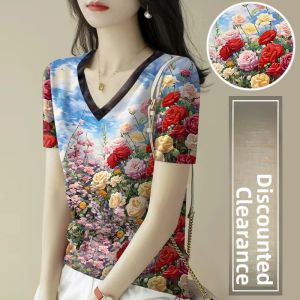 plus Size Womens T-Shirt V-Neck Short Sleeve Printed Loose Fit Summer Top Belly Concealing Versatile Floral Pattern