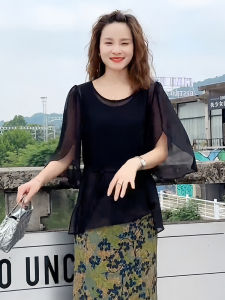 Elegant Black Sunshade Shirt Womens Fashionable Tulle Ice Silk Outerwear Spring 2024 Original Design Short Sleeve round Neck