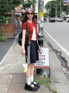 Quần Short Thể Thao Cotton Nguyên Chất Lưng Cao American Retro Casual Three Bars Cho Nữ Mùa Hè Ngoài Trời Quần Dài Năm Điểm Rộng Rãi