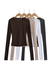 เสื้อยืดคอกลมแขนยาวกึ่งเชียร์ผู้หญิงสําหรับชุดลําลอง