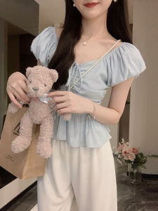 French Sweet Bubble Sleeve Chiffon Shirt Womens Summer 2024 New Design Sensation Small Audience Waist Inward Top Korean Style V-neck Short Sleeve Slim Fit