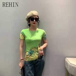 REHIN Womens top New Summer fashion mesh Unique pattern design desig printed short-sleeved T-shirt round-neck Slim S-3XL thin elegant trend blouse