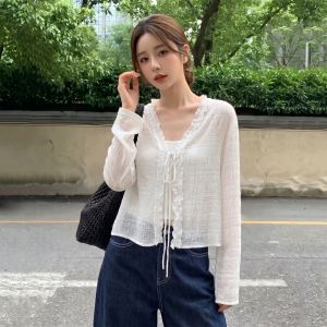 AIYITI | Ruffle Tie V-neck Long Sleeve Blouse Short Style Plus Size