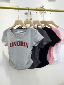 Slim Fit Short Sleeve V-Neck Letter Print T-Shirt Deep Grey Summer Womens Fashion Elastic Bandage Tight Top Korean Style