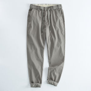 Washed Cotton High Twist Mens Casual Pants Summer Solid Color Slim Straight Long Trousers Versatile Fashionable City Wear