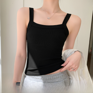 MiiOW | เสื้อกั๊กสเวตเตอร์ถักสีดำสำหรับผู้หญิง เสื้อชั้นในสุดเก๋สำหรับใส่ทำงาน ฤดูใบไม้ผลิและฤดูร้อน ปกปิดหน้าอกข้างซ้ายและข้างขวา คอเหลี่ยม ด้านหลังเปิด