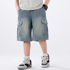Summer Teen Boys Denim Shorts Fashion Solid Color Big Pocket Thin Jeans Pants for 4-12 Years Kids Children Casual Trousers