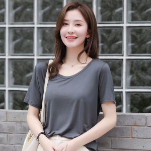 plus Size Womens Ice Silk Modal Short Sleeve T-Shirt U-Neck Loose Black Top for Summer Comfortable Breathable Casual Wear